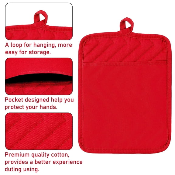 2ooya Cotton Potholders with Pocket, Heat Resistant, 5 Piece, Red
