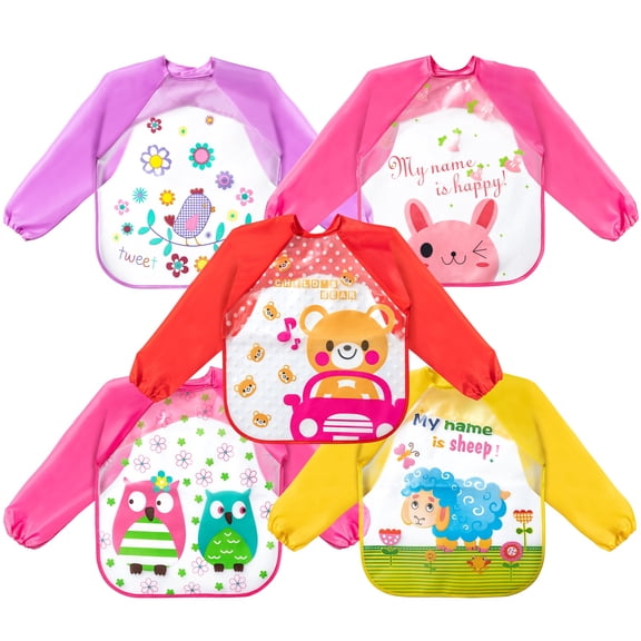 2ooya Animal Long Sleeved Bibs for 1-3 Year Old Kids, 5 Styles Waterproof Long-Sleeved Cover with Bear Rabbit Sheep Bird Owl Signs for Baby Feeding Drawing
