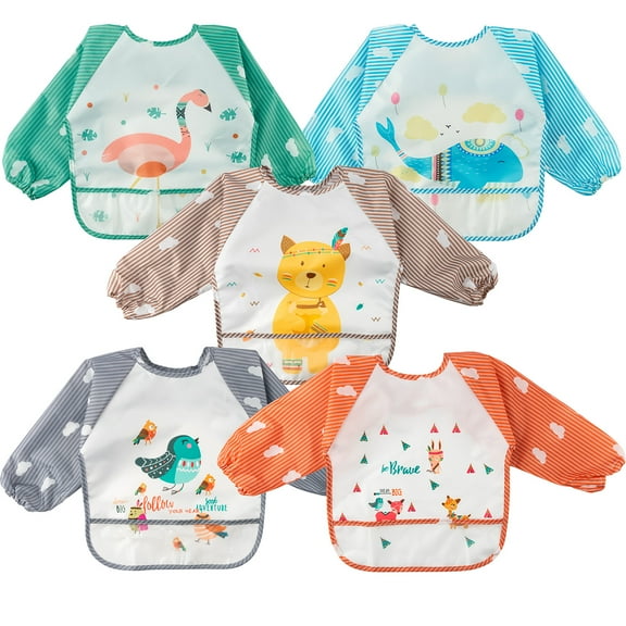 2ooya Animal Long Sleeved Bibs for 0-3 Year Old Kids, 5 Styles Polyester Waterproof Long-Sleeved Cover with Pocket