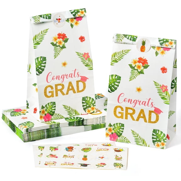 2ooya Hawaiian Party Gift Bags ,Congrats Grad Paper Bags with Flowers and Leaves Design, 24 Pcs