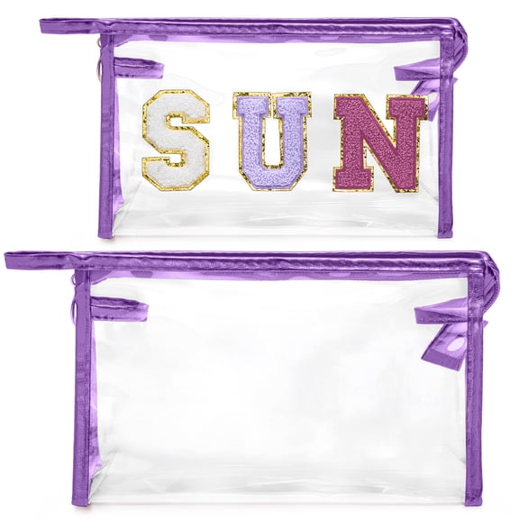 2ooya Cosmetic Bag Set - SUN Letter Patch Makeup Bag Large Transparent Bare Storage Bag PVC Toiletry Bag Travel Essentials for Women, 2 Pieces