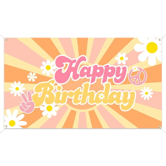 2ooya Happy Birthday Banner Hippie Girl Birthday Backdrop with Daisy Flower, Large Polyester Backcloth for Baby Shower Photography Decor