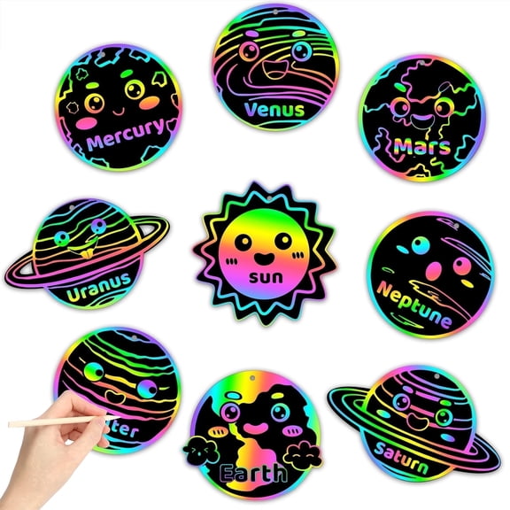 2ooya DIY Planet Theme Scratch Card Craft for Party Decoration, Black Scratch Card Set with Ribbon,60 Counts