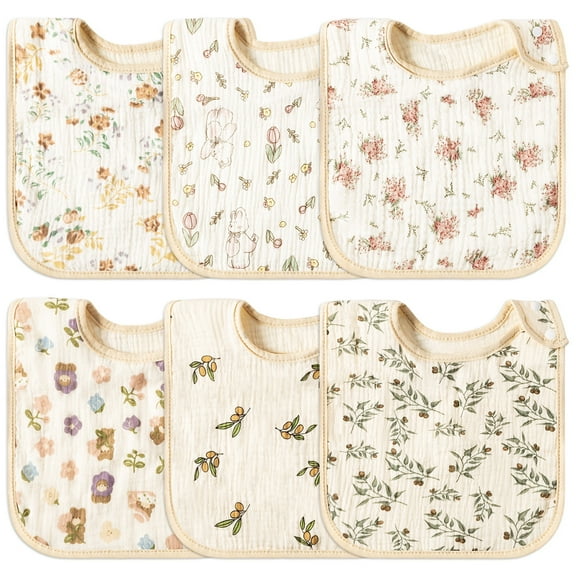 2ooya Colorful Snap Bib for Infants, Pure Cotton Baby Bib with Floral Sign for Toddlers, 6 Pieces
