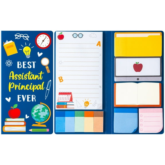 2ooya Sticky Note Pads with Books Clock Spectacles Signs for Assistant Principal/Teacher Appreciation Gift, Blue Sticky Note Pads for Party Supplies