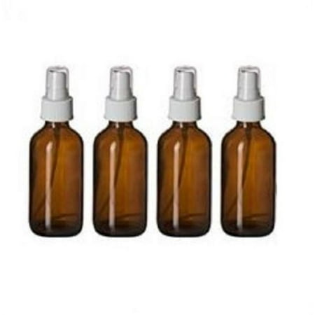 2oz Amber Boston Round Glass Bottle White Spray Fine Ribbed Mist Sprayer- 4 Pack