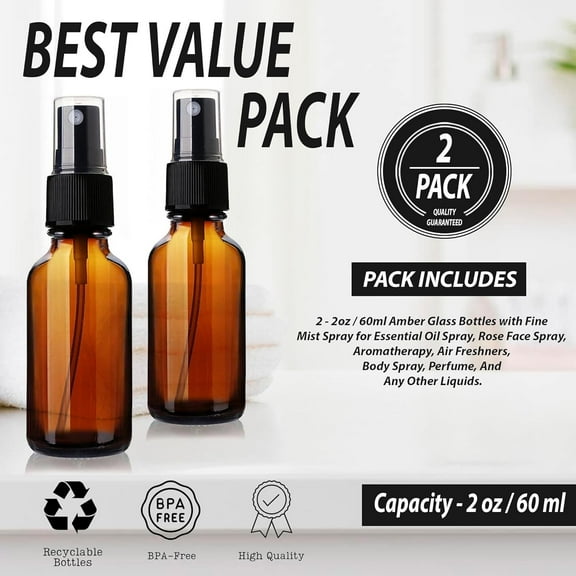 2oz Amber Glass Spray Bottles for Essential Oils, Small Refillable Reusable Empty Spray Bottle, Fine Mist Spray, Set of 2