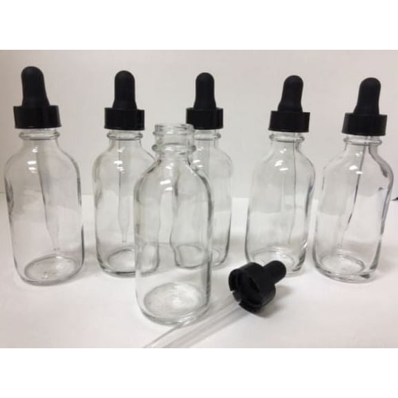 2oz Clear Boston Glass Bottles with Glass Eye Dropper 60 ML (Lot of 24)