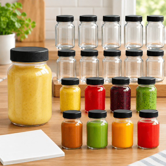 2oz Wellness Shot Glass Bottles with Black Caps, Reusable Leakproof