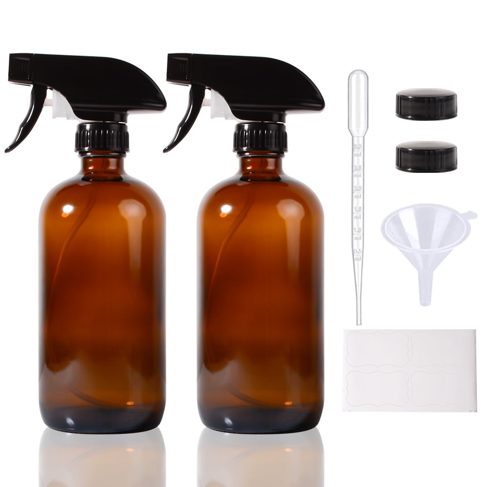 Amber Glass Spray Bottles 2 Pack, 16 oz Refillable Empty Spray Bottle for Cleaning, Essential Oils, Hair, Plants, Adjustable Nozzle for Squirt and Mist, Bleach/Vinegar/Rubbing Alcohol Safe