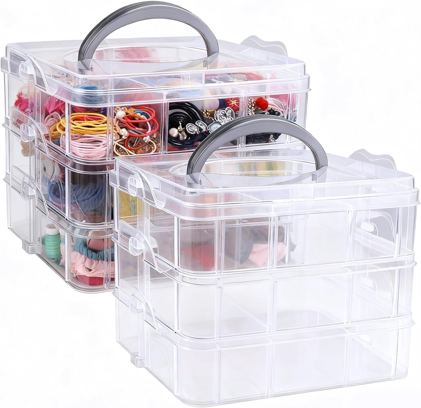 2pack 3-Tier Stackable Storage Container Box with Adjustable Compartments for Kids Toys, Art Crafts, Jewelry, Supplies,Tools Storage-18 Compartments, 5.91" L x W 5.12" H