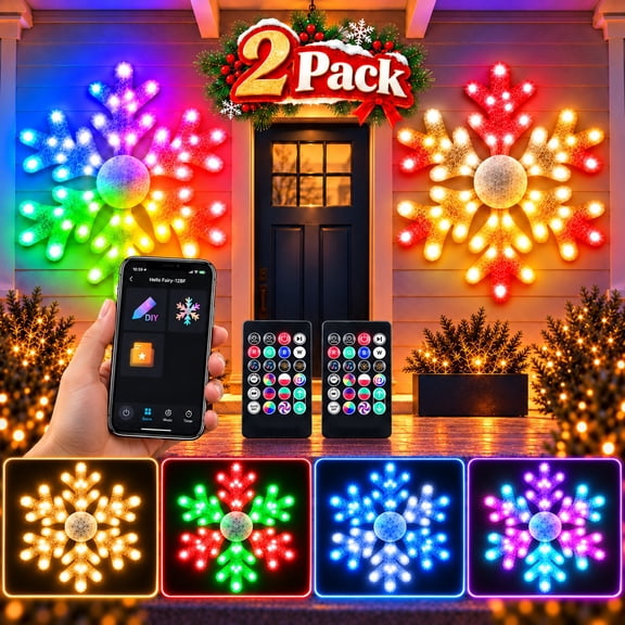 2-Pack 32-Inch Smart Christmas Snowflake Lights, Color Changing, App & Remote Control, Music Sync, Hanging Window Decorations