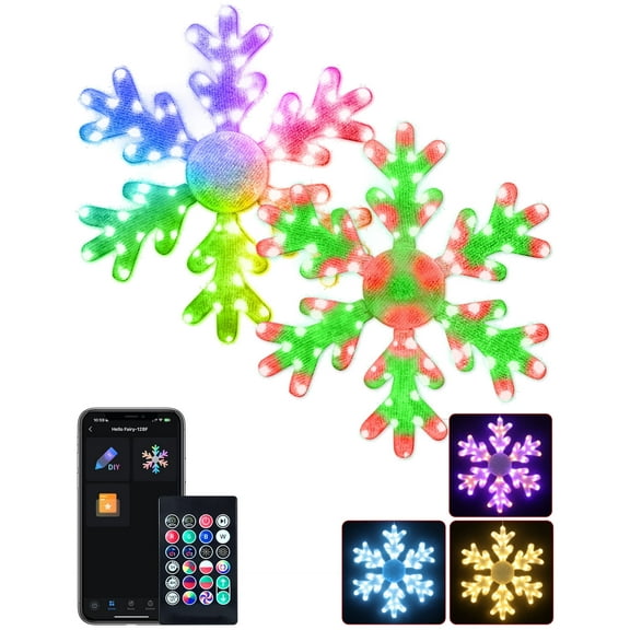 2pack 31.5" Christmas Big Snowflake Smart Hanging Lights 74 LEDs 16 Million Colors Window Lights Music Sync Remote & App Control DIY Mode for Holiday Indoor Wall Door Window Porch Decor