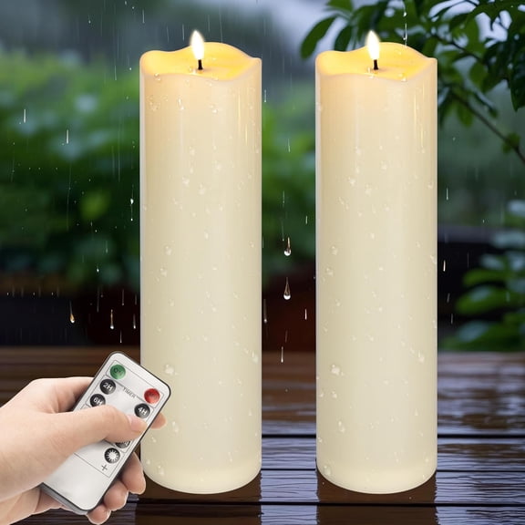 2pack 4"*14" Large Outdoors Flameless Candles Battery Operated with Remote & Timer, Waterproof Plastic LED Flickering Pillar Candles for Home Decoration, Weddings, Ivory