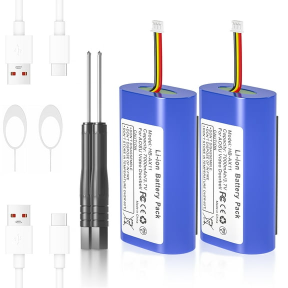 2pack 7000mAh Battery for AOSU Video Doorbell V8 Series, Compatible with Aosu Doorbell Camera Wireless V8S, V8P, V8P1AX11, V8S1AX11 with USB-C Charging Cable