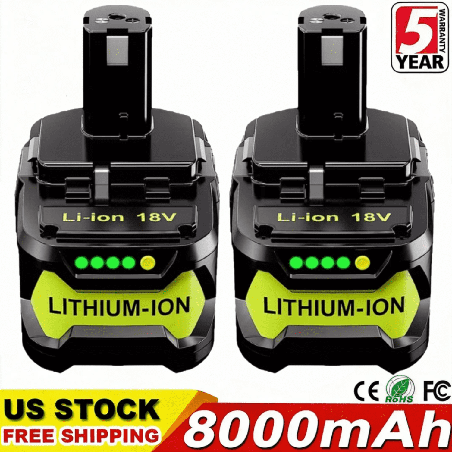 2pack 8.0Ah Replacement for Ryobi P108 18V Lithium Battery P105 P102 P103 P107 P109 P100 for Ryobi 18-Volt Battery