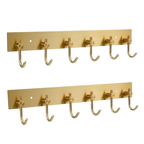 2pack Adhesive Wall Mount Key Holder with 6 Hooks - Gold Stainless Steel, No-Drilling Installation, for Keys, Towels, Utensils, gold