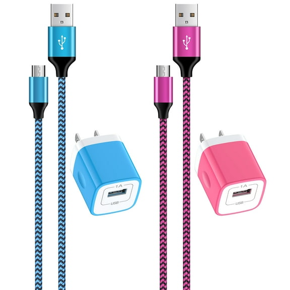 2pack Android Charger Micro Usb Cable 6ft,HopePow USB Wall Charger Adapter Plug with Micro Cables 6ft High Speed Fast Charging Nylon Braided Micro USB Cable and Charger,Blue+Rose