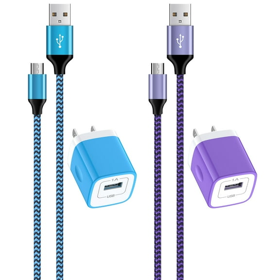2pack Android Charger Micro Usb Cable 6ft,HopePow USB Wall Charger Adapter Plug with Micro Cables 6ft High Speed Fast Charging Nylon Braided Micro USB Cable and Charger,Purple+Blue