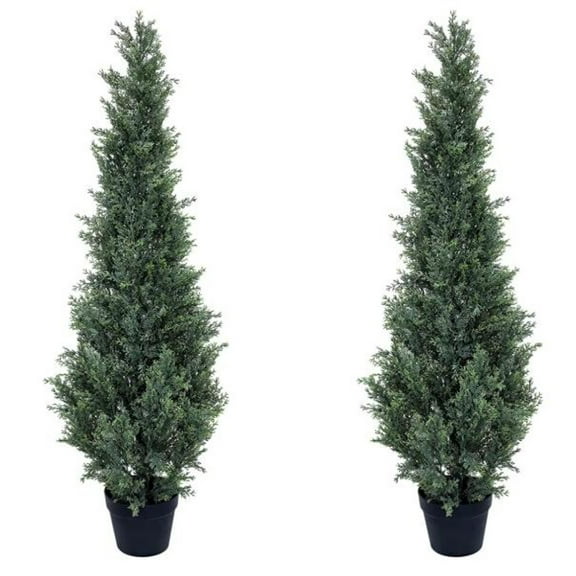 2pack Artificial Cedar Topiary Trees for Outdoors, Potted Fake Cypress Trees, Faux Cedar Pines Evergreen Plants Realistic Fake Cypress Tree Tall Faux Pine Shrubs Plants Artificial Cypress Trees