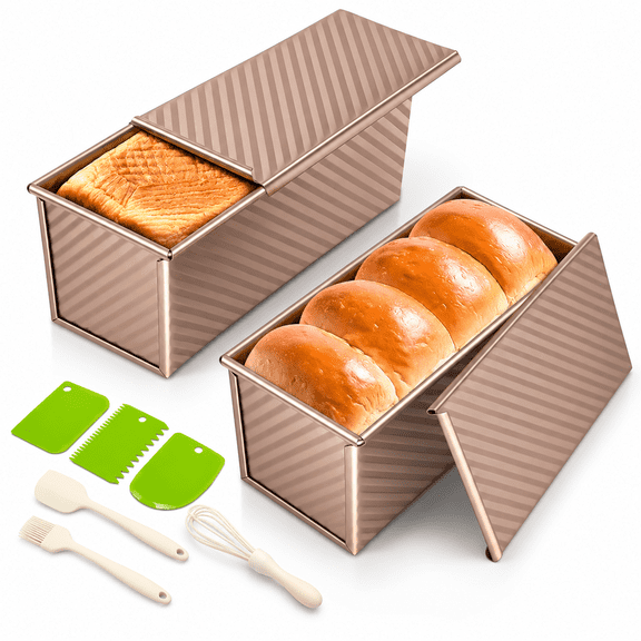 2pack Bread Loaf Pan With Lids 1 Lb Dough Capacity Non-stick Carbon Steel Pullman For Homemade Sandwich And Sourdough Corrugated