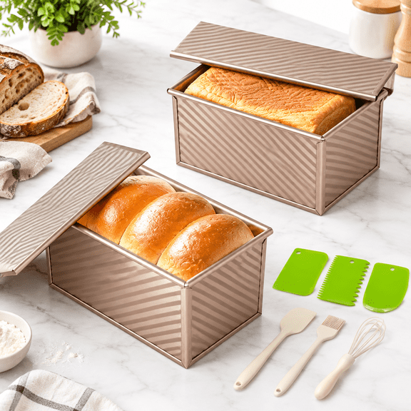 2pack Bread Loaf Pan With Lids 1 Lb Dough Capacity Non-stick Carbon Steel Pullman For Homemade Sandwich And Sourdough Corrugated