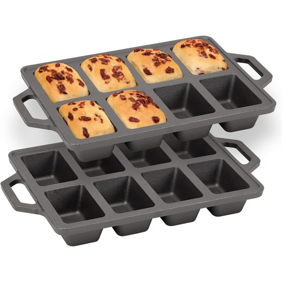 2pack Cast Iron Mini Loaf Pans 8-Cavity Bread Loaf Pans Pre-Seasoned Baking Pan Molds with Handle Bread Pans for Homemade Bread