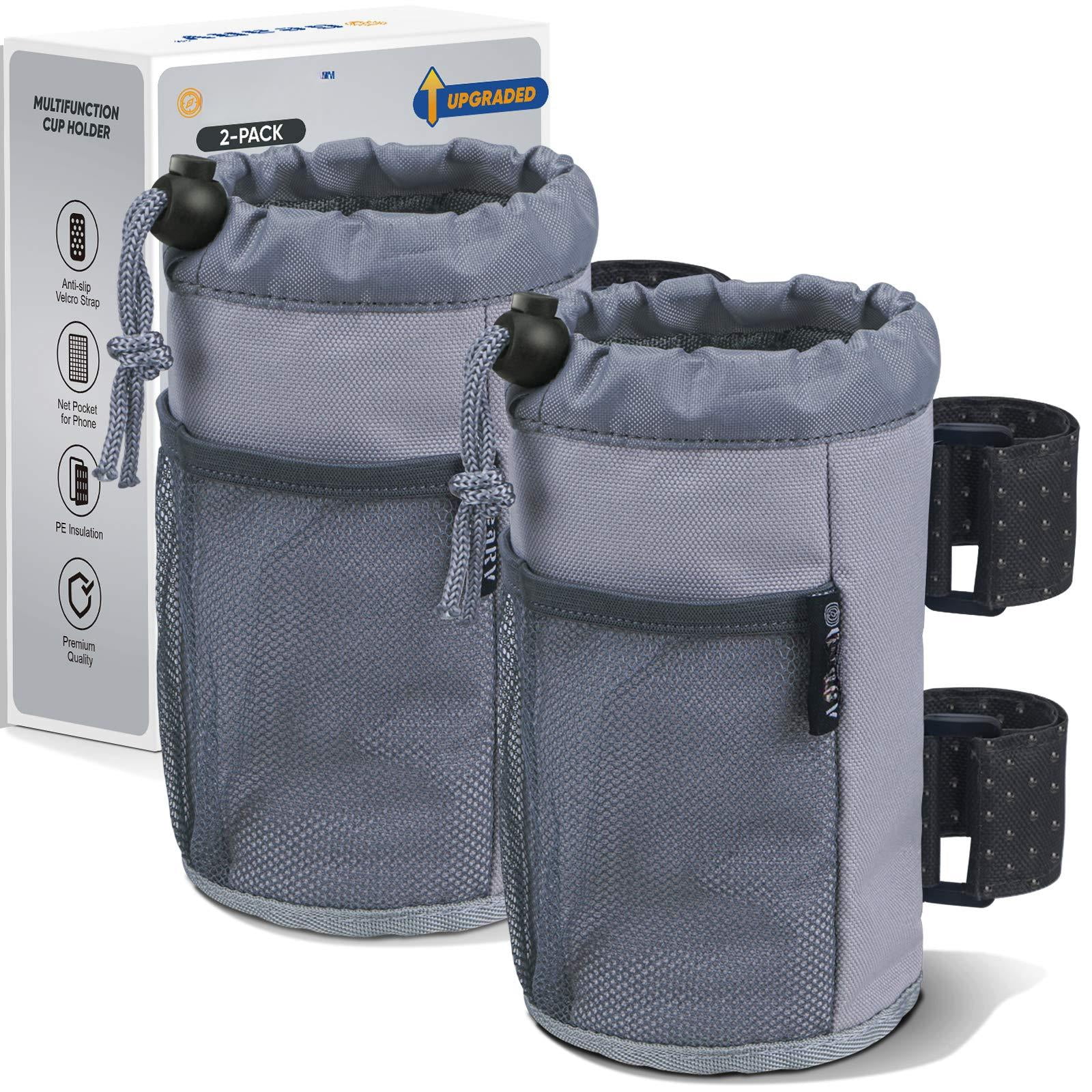 2pack Cup Holder For Bike  Scooter And Water Bottle Utv/atv Walker Golf Cart Beach Universal Drink Accessories With Net Pocket Cord Lock (gray)