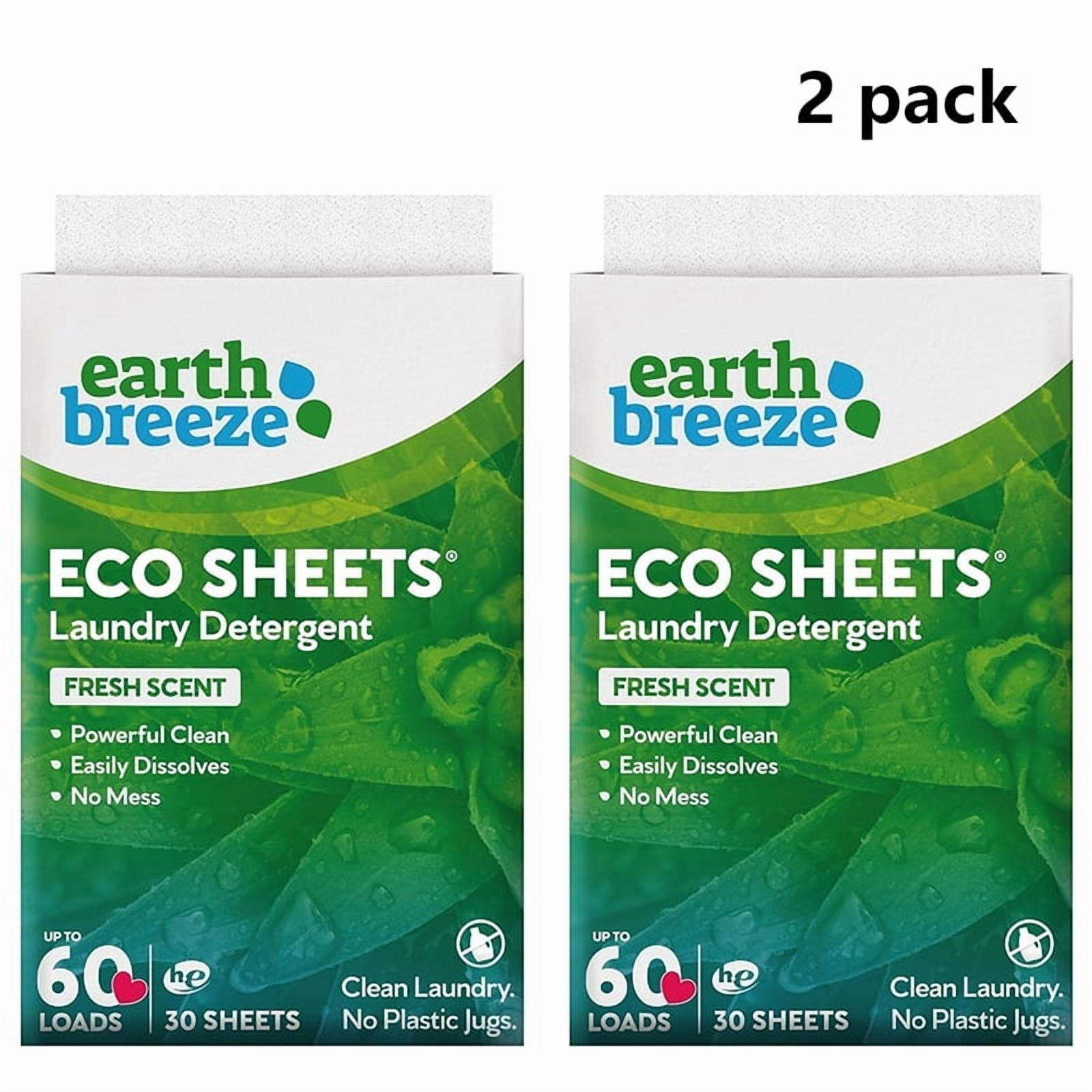 2pack Earth Breeze Laundry Detergent Sheets Fresh Scent - 60 Loads No Plastic Jug Concentrated Laundry Detergent 30 Sheets
