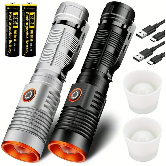 2pack High Lumens USB Rechargeable LED Flashlights, 4Modes Super Bright Powerful Handheld Dimmable Flashlight With 18650 Battery & Diffuser For Camping/Hiking/Home/Emergency