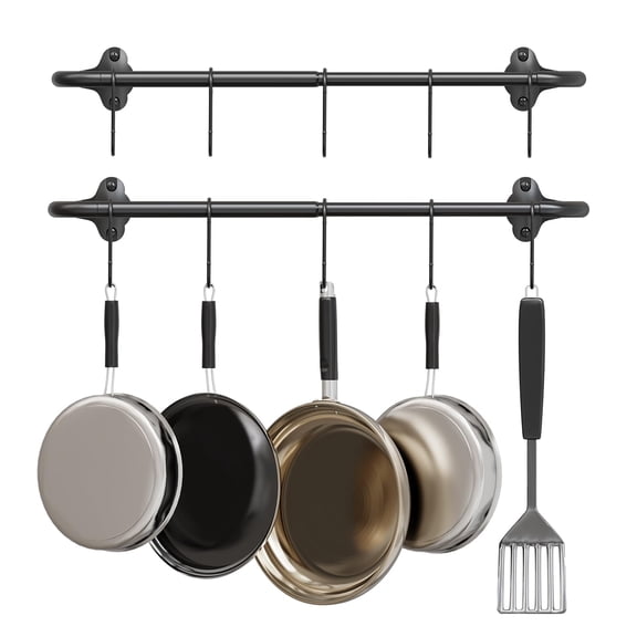 2pack Hanging Pot Pan Rack Heavy Duty 5/8'' Diameter Adjustable Kitchen Organizer 32 Inch Iron Wall Mounted Detachable Rail With 10 Hooks For Pots Pans Lids Utensils Matte Black