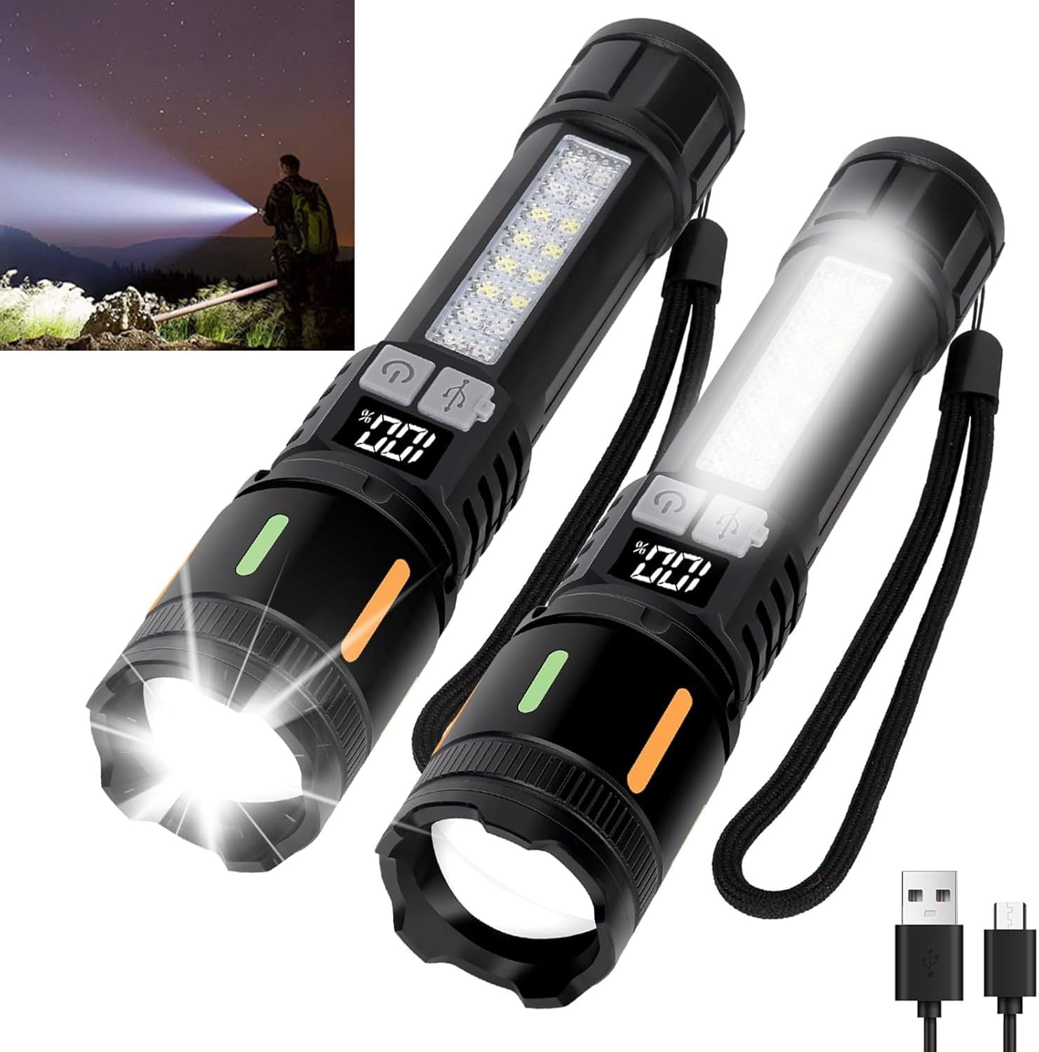 2pack High Lumens Rechargeable Flashlights,7Modes Super Bright Waterproof Handheld Powerful Flashlight with COB Sidelight and LCD Power Display for Emergencies/Home/Camping/Outdoor