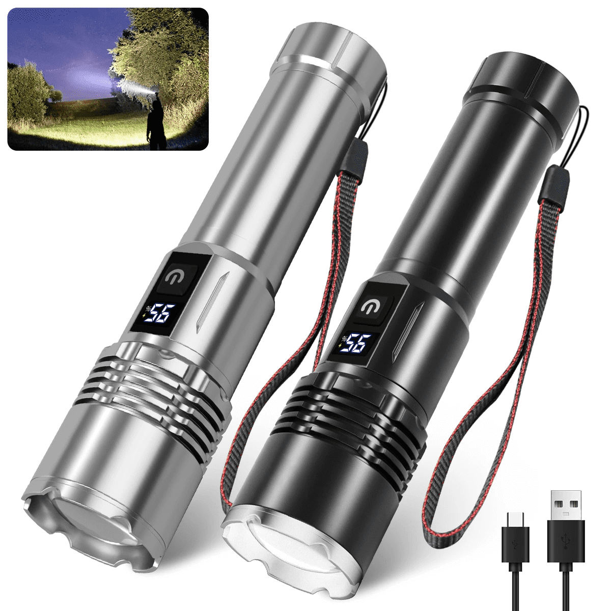 2pack High Lumens USB Rechargeable LED Flashlights, 3 Modes Super Bright Powerful Zooom Handheld Flashlight With 18650 Battery & LCD Power Display For Home/Camping/Hiking