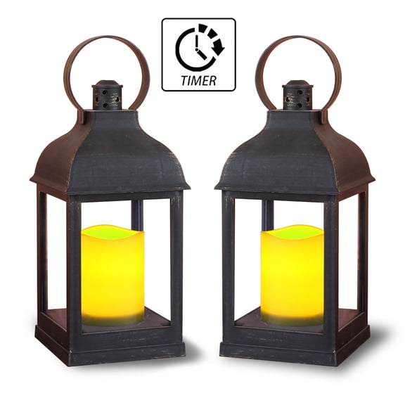 2pack LED lantern H9" with flameless candle black lantern outdoor/indoor with timer ON/OFF/TIMER switch by 3AAA battery(not include)