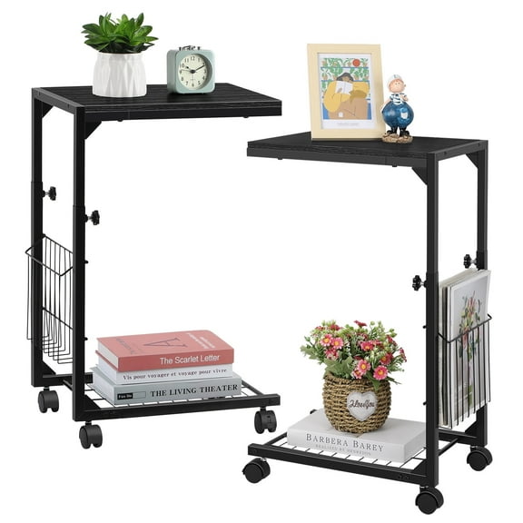 2pack Mobile Side Table with Wheels, Adjustable Height End Table with Side Storage Basket & Iron Mesh Shelf, Waterproof Laptop Table for Living Room, Bedroom, Small Spaces