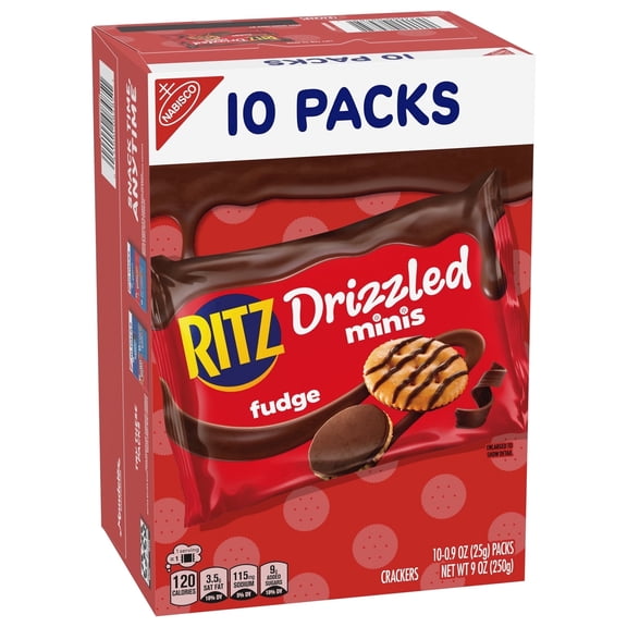 (2pack) RITZ Drizzled Minis Fudge Crackers, Bulk Lunch Snacks for Kids and Adults, 10 - 0.9 oz Snack Packs