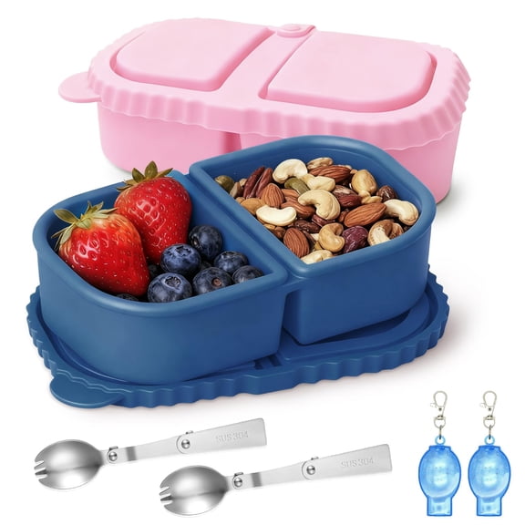 2pack Reusable Silicone Snack Containers With Lids, 8.5oz 2 Compartment Snackle Box Containers,Silicone Snack Container For School, Office And Picnic(Dark Blue + Pink)