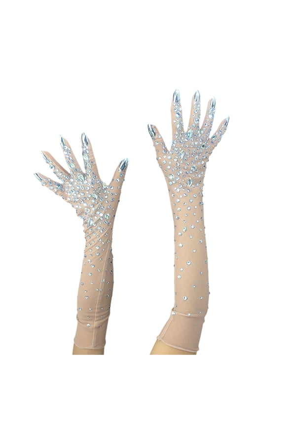 2pack Rhinestones Meshes Pattern Gloves Arm Length Gloves Wedding Mittens for Evening Event and Occasion