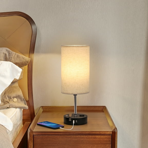 2pack Round Black Wooden Base Table Lamp with Raindrop Linen Shade