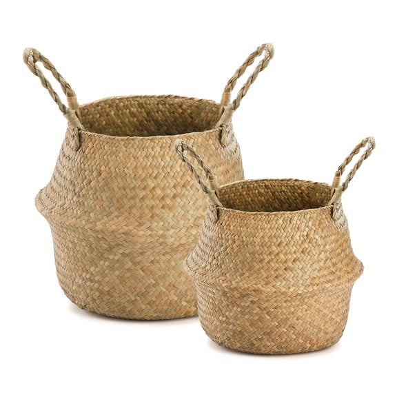 2 Pack Seagrass Woven Handled Organizer, Multi Purpose Household Storage Holder For Plant & Daily Use