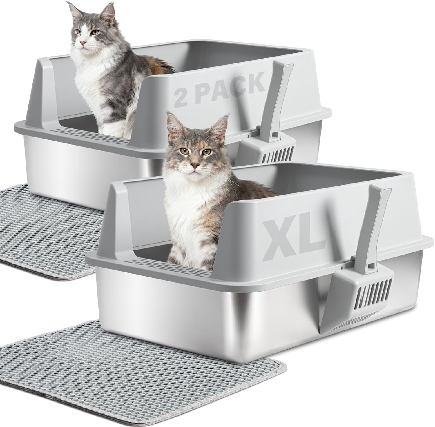 2pack Stainless Steel Cat Litter Box With Lid  Xl Metal Extra Large Litterbox For Big Cats High Sided | Easy Cleaning Odor-free Includes Scoop And Mat