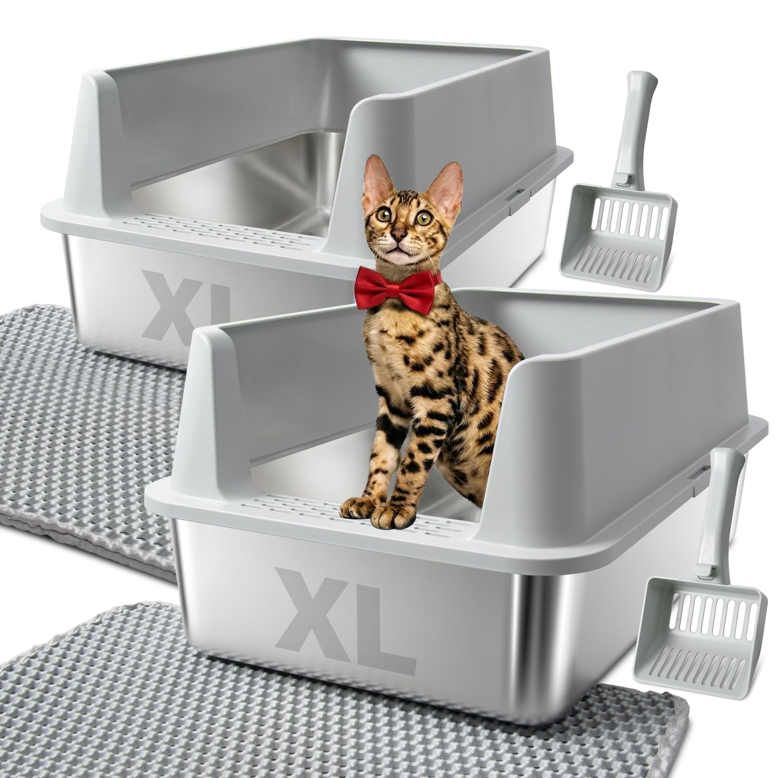 2pack Stainless Steel Litter Box  Xl Extra Large Cat Boxes For Big Cats Metal With Lid High Sides Leak-proof Never Absorbs Odors Easy Cleaning Non-stick Scoop Included