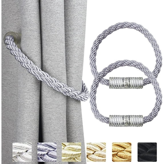 2pack Strong Magnetic Curtain Tiebacks Decorative Rope Holdbacks Convenient Ties Backs for Thin or Thick Window Draperies, Grey