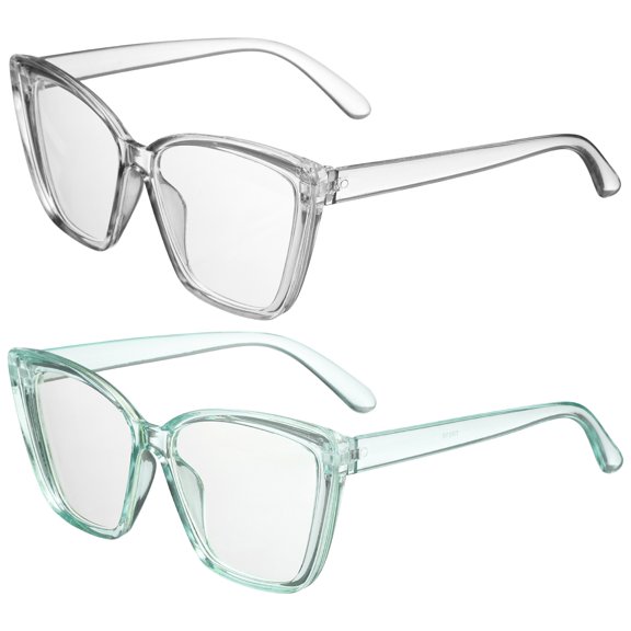 2pack Sunglasses for Women, PC Anti-Blue Light, Transparent Light Gray & Green