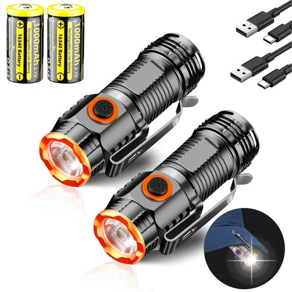 2pack Super Bright 3000Lumens Rechargeable Powerful Flashlights,3Modes Mini Compact EDC Pocket Flashlight with Clip and Magnetic Base for Camping, Hiking, Fishing, Hurricane (Included Battery)