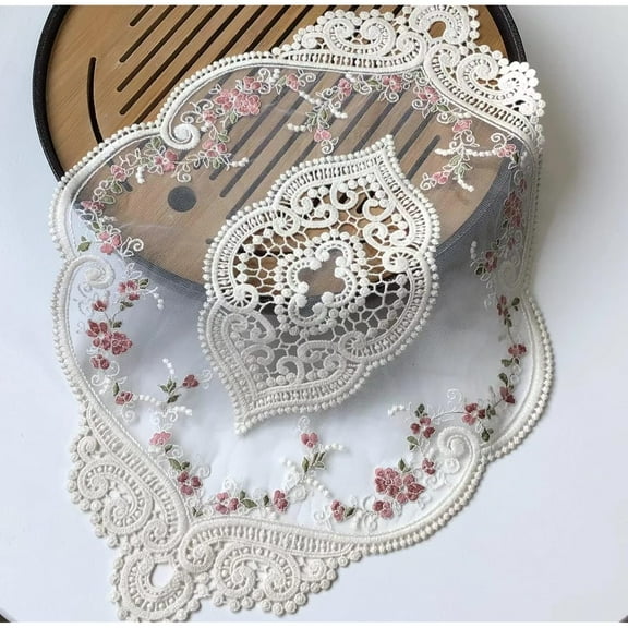 2pack Vintage Oval Lace Table Placemats, Exquisite Flower Embroidered Doilies vase mat, 12 X 18 Inch (White)