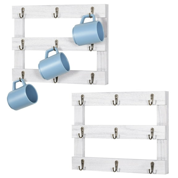 2pack Wall Mounted Coffee Mug Holder Large 3 Tier Shelf with 9 Cup Hooks Rustic Wooden Display Rack for Kitchen, Home & Bar