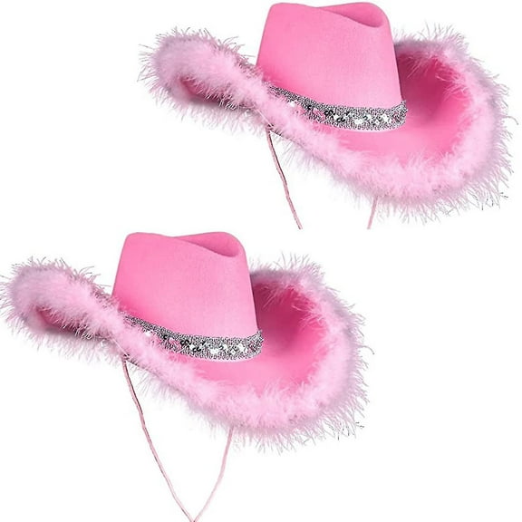2pack Women's Cowboy Hat With Fluffy And Glitter Decoration Feather Hat Headwear, Adjustable Neck Drawstring