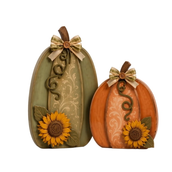 2pack Wooden Pumpkin Fall Decor, Farmhouse Tabletop Ornament Set, Rustic Pumpkins With Sunflower And Burlap Bow, Harvest Indoor Decor For Mantel Shelf