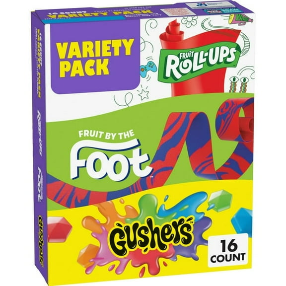 (2packs)-Fruit Roll-Ups, Fruit by the Foot, Gushers, Snacks Variety Pack, 16 Ct, 10.2 oz- Mix Flavors 32 Count Total